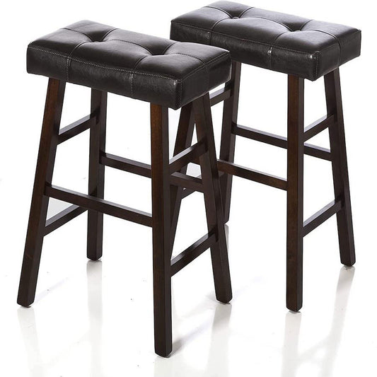 Set of 2 Counter or Bar height Stools Espresso Wood Tufted Faux Leather Finish