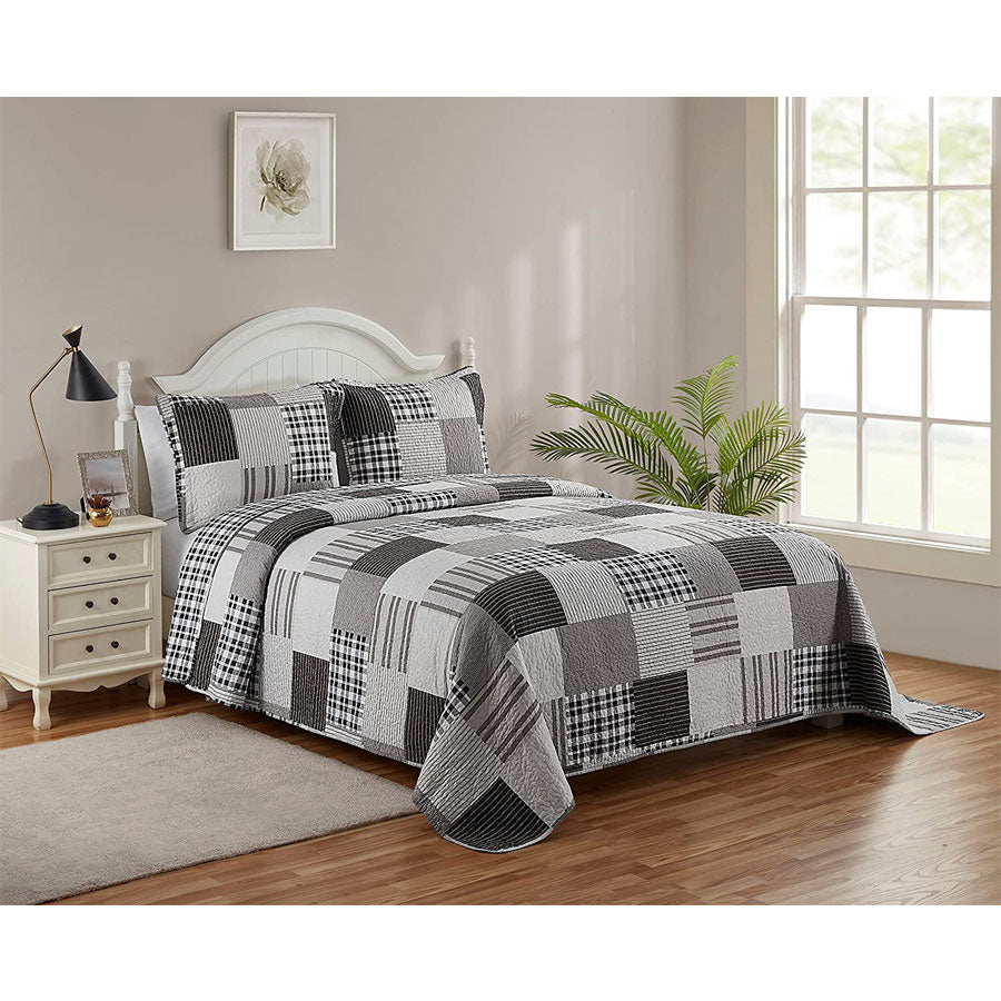 3 PCS Quilt Bedspread Coverlet Grey and White Patchwork Design