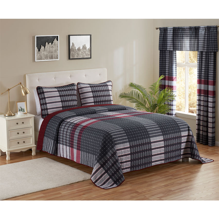 3 PCS Quilt Bedspread Coverlet Red and White Patchwork Design