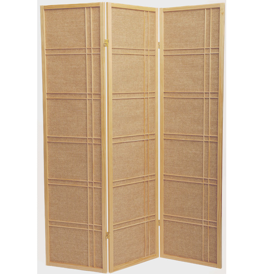 Room Divider 4 Panel Fabric In-lay Wooden Screen Natural Finish