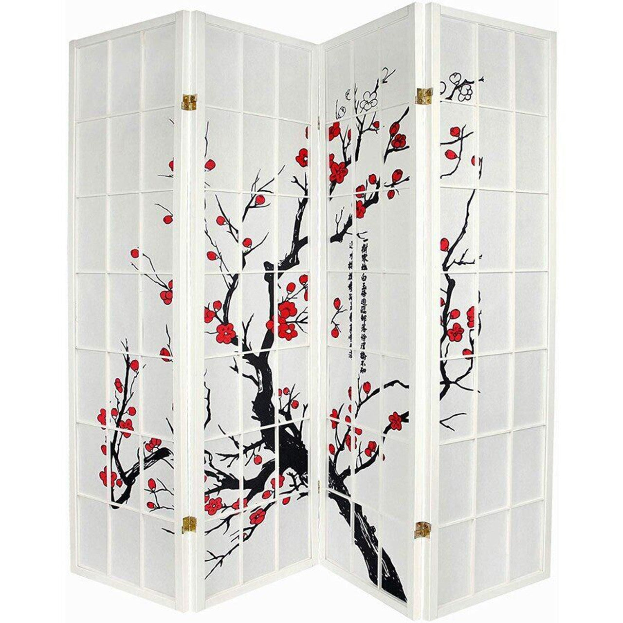 Room Divider 4, 6, or 8 Panels Red Blossom Design White Color