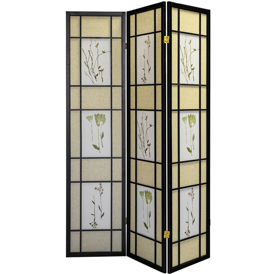 3 or 4 Panels Room Divider Privacy Screen Floral Botanical Print Black