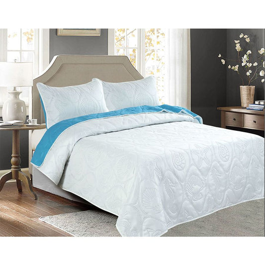 3 PC Shell & Seahorse Stitched Pinsonic Reversible Oversized Bedspread Blue Color