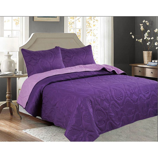 3 PC Stitched Pinsonic Reversible Oversized Bedspread Purple