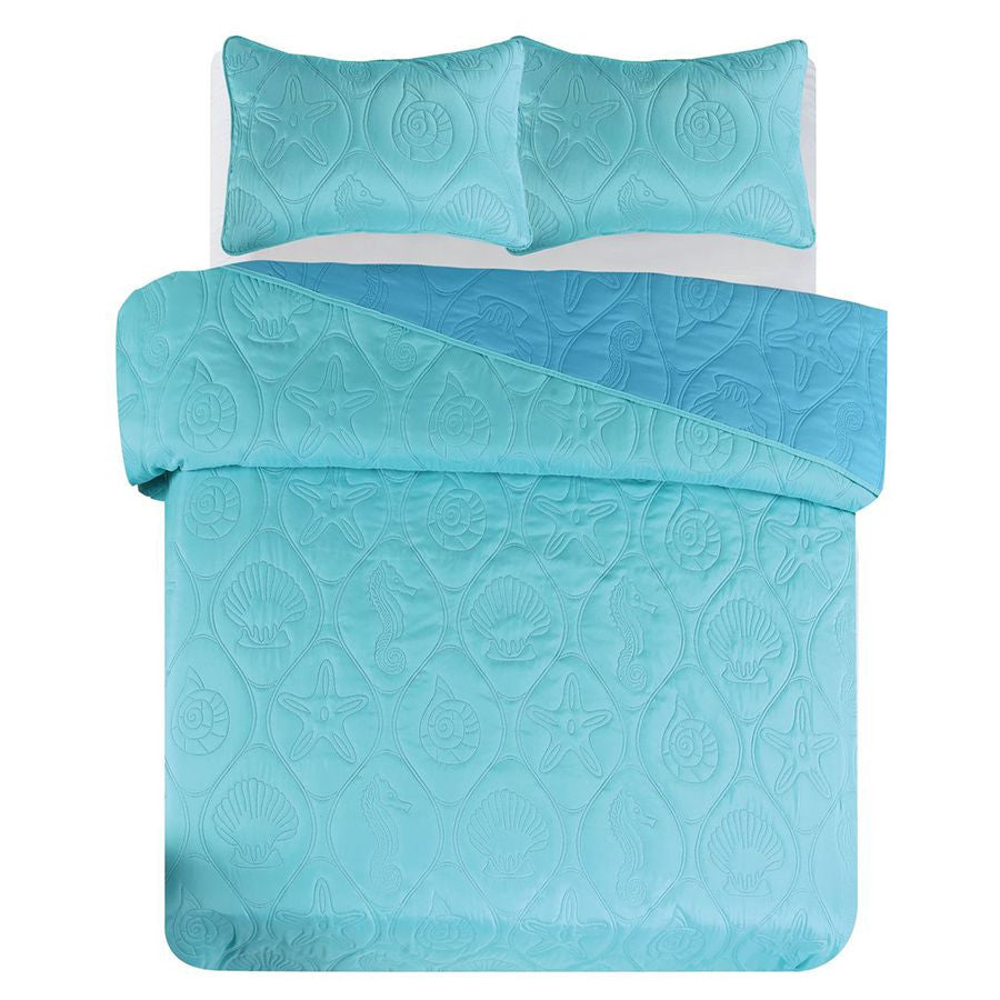 3 PC Shell & Seahorse Stitched Pinsonic Reversible Oversized Bedspread, Turquoise Color