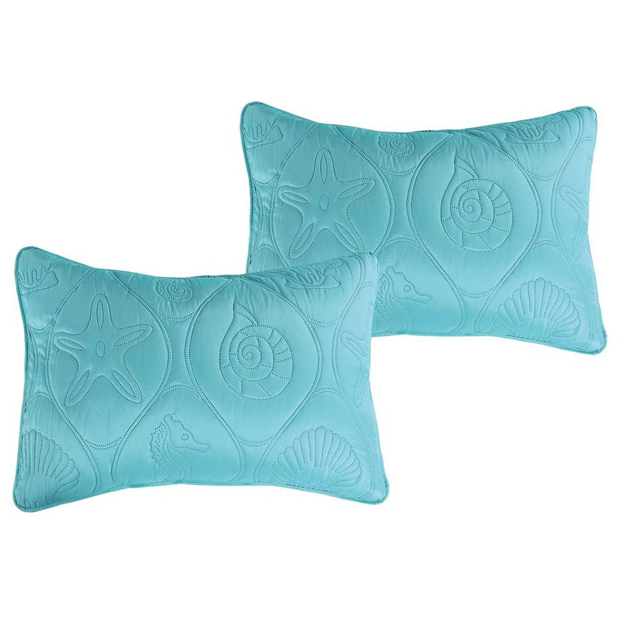 3 PC Shell & Seahorse Stitched Pinsonic Reversible Oversized Bedspread, Turquoise Color