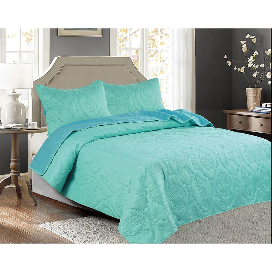 3 PC Shell & Seahorse Stitched Pinsonic Reversible Oversized Bedspread, Turquoise Color