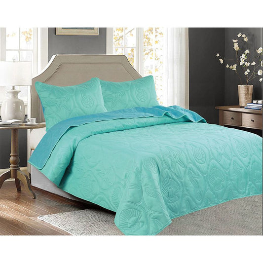 3 PC Shell & Seahorse Stitched Pinsonic Reversible Oversized Bedspread, Turquoise Color