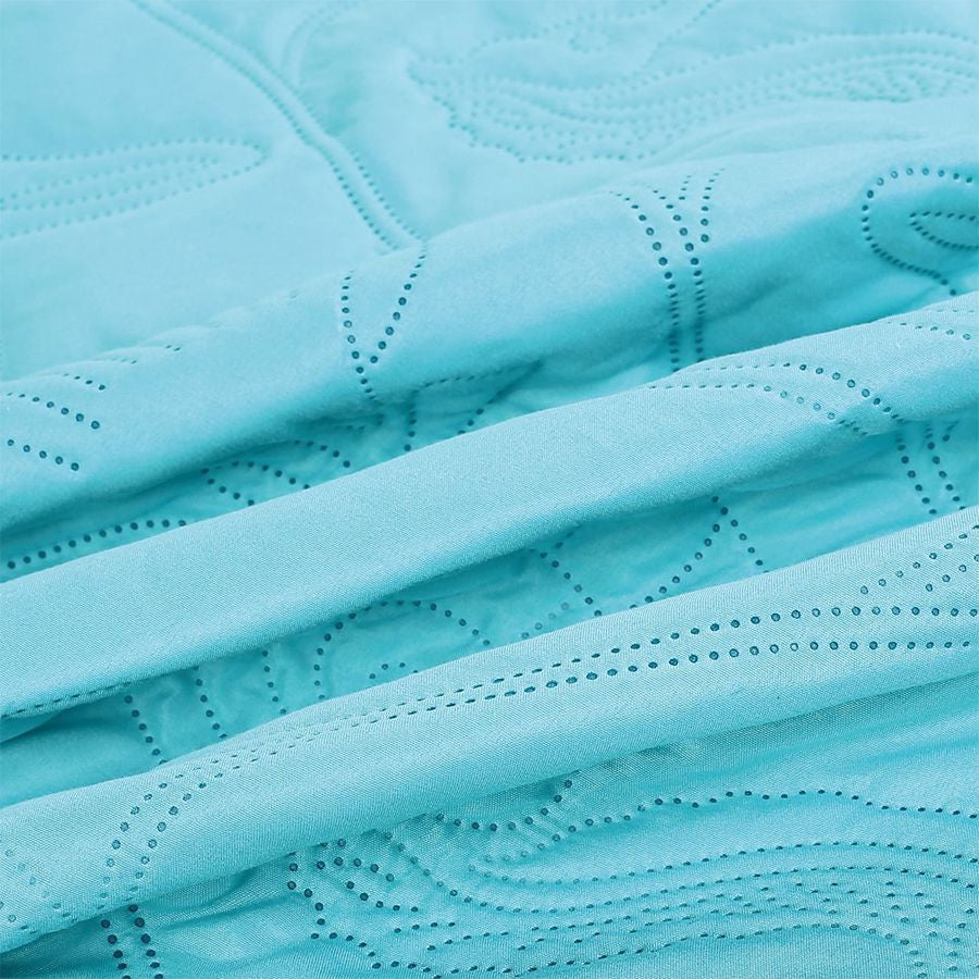 3 PC Shell & Seahorse Stitched Pinsonic Reversible Oversized Bedspread, Turquoise Color