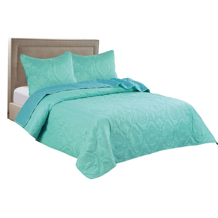 3 PC Shell & Seahorse Stitched Pinsonic Reversible Oversized Bedspread, Turquoise Color