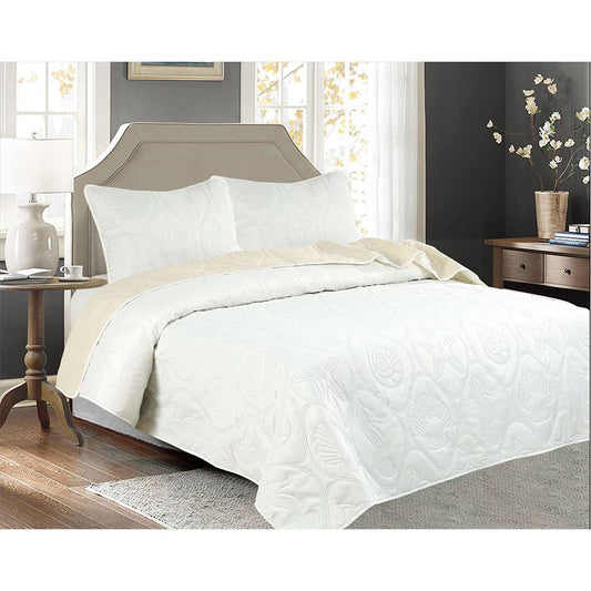 3 PC Shell & Seahorse Stitched Pinsonic Reversible Oversized Bedspread White Color
