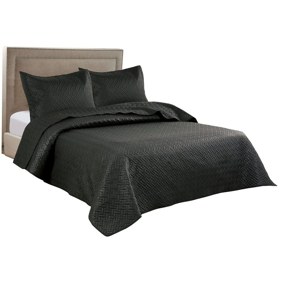 3 PC Squared Stitched Pinsonic Reversible Oversized Bedspread Black Color