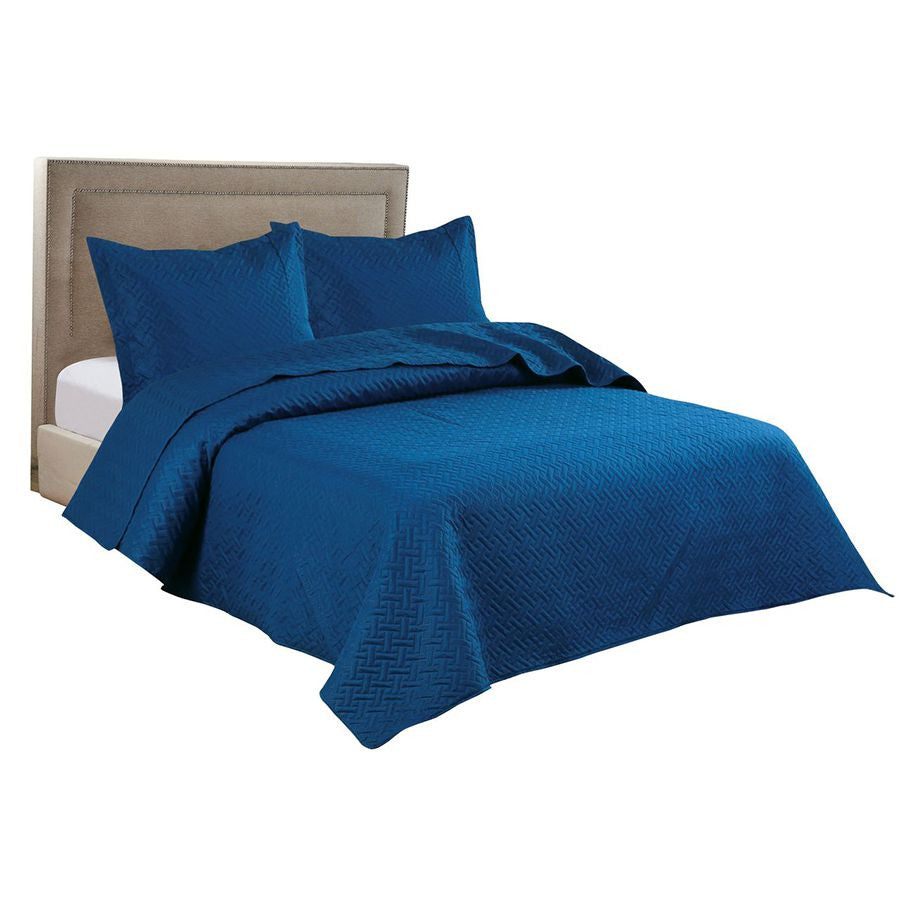 3 PCS Squared Stitched Pinsonic Reversible Oversized Bedspread Navy