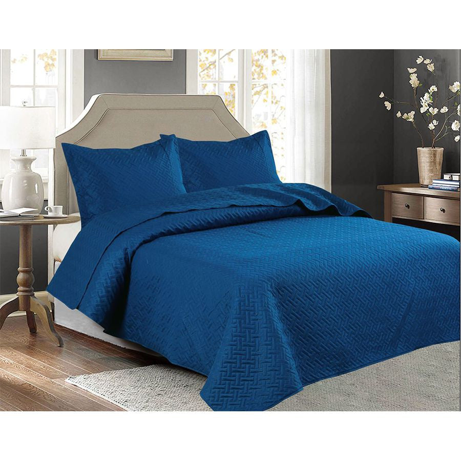 3 PCS Squared Stitched Pinsonic Reversible Oversized Bedspread Navy