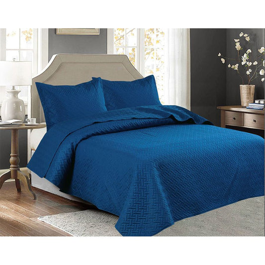 3 PCS Squared Stitched Pinsonic Reversible Oversized Bedspread Navy