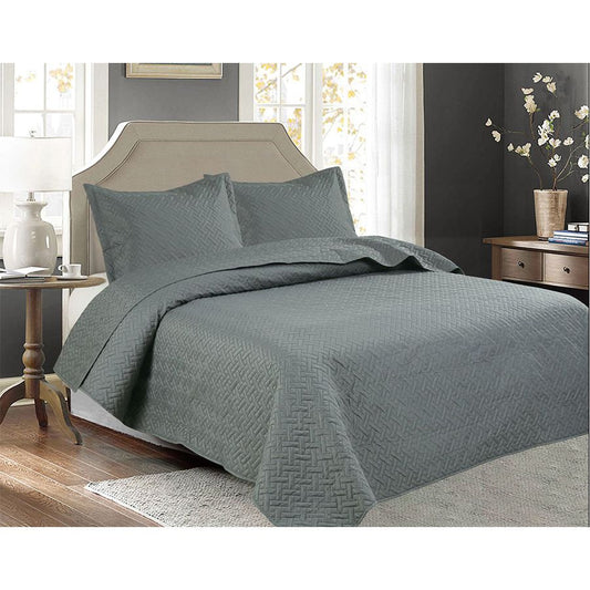 3 PC Squared Stitched Pinsonic Reversible Oversized Bedspread Grey