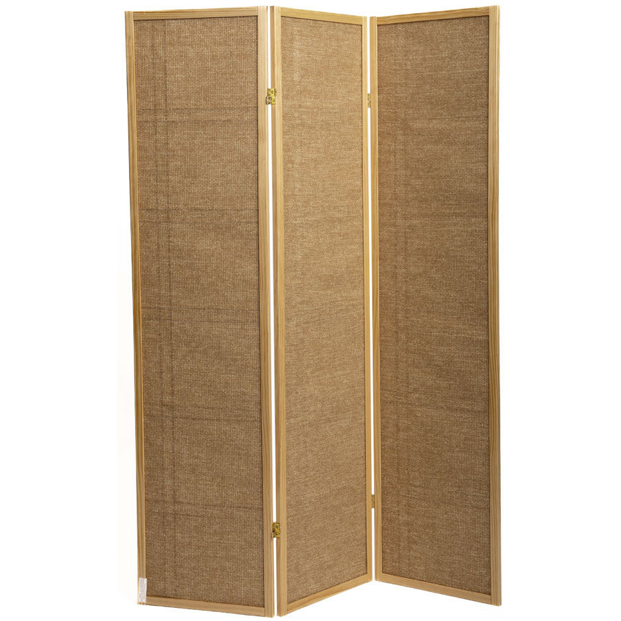 Room Divider 4 Panel Fabric In-lay Wooden Screen Natural Finish