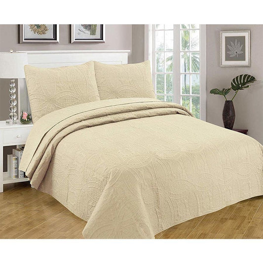 3 Pc Oversized Bedspread Coverlet Set Beige Color