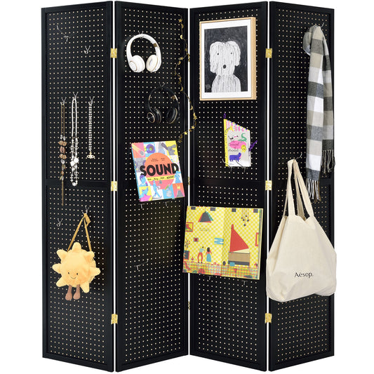 4 Panels Room Divider Folding Screen Pegboard Insert Black