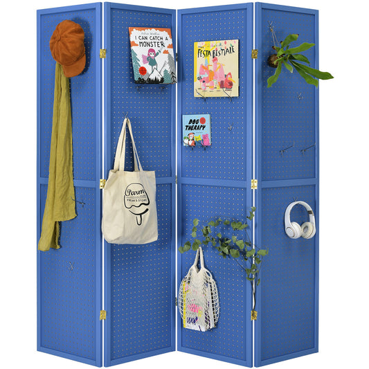 4 Panels Room Divider Folding Screen Pegboard Insert Blue