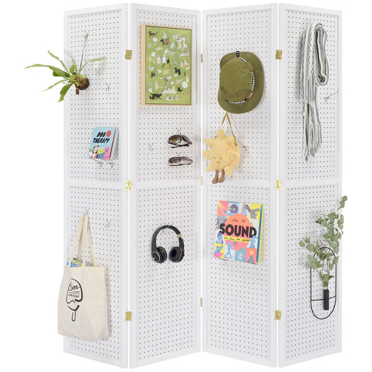 4 Panels Room Divider Folding Screen Pegboard Insert White