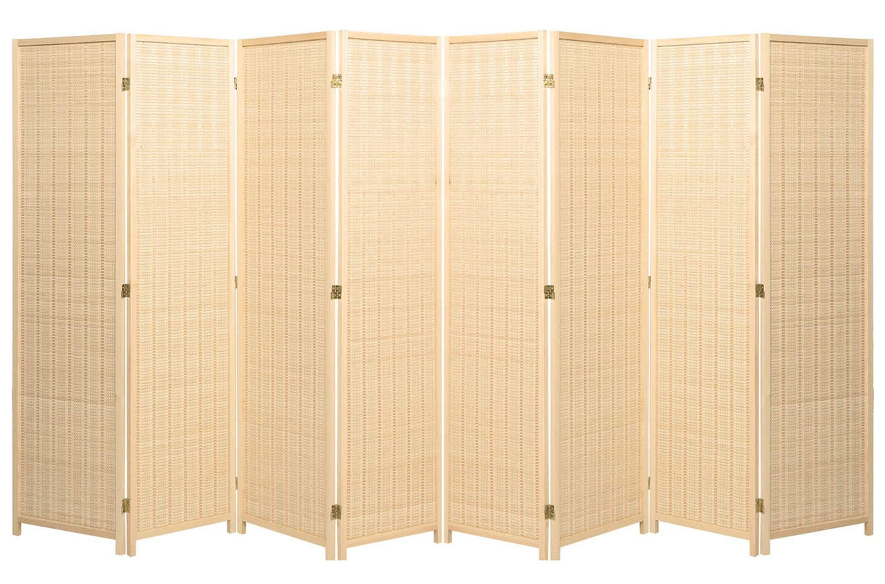 8 Panel Natural, Brown, Or Black Color Wood and Bamboo Weave Room Divider