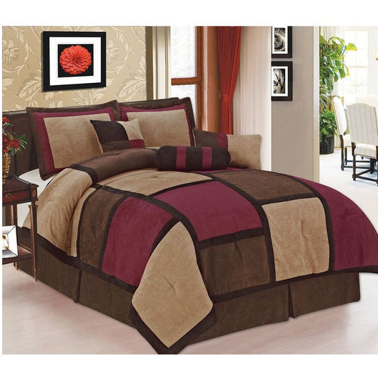 Burgundy Micro Suede Patchwork Comforter Bed-in-a Bag Set