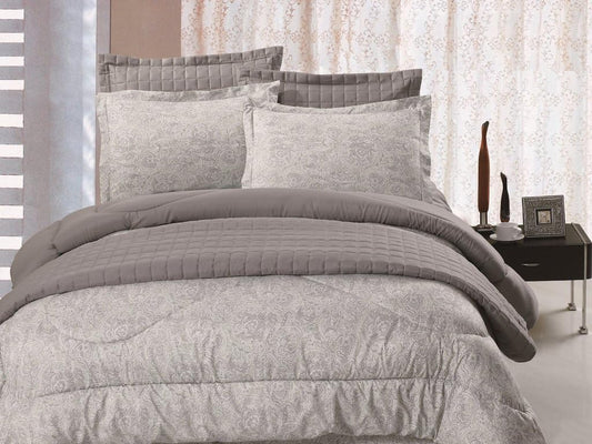 6 pc Microfiber Reversible Grey & Green Paisley Print Comforter Set Quilt Included Full / Queen