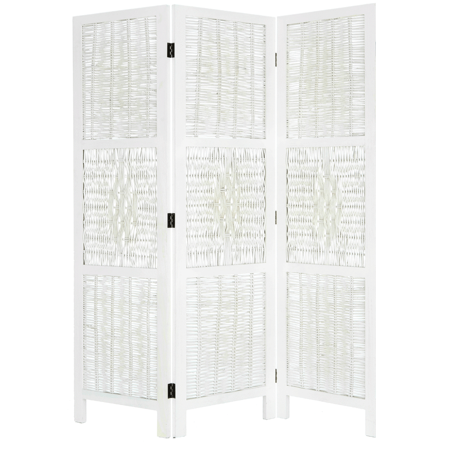 Room Divider 3 Panel Wicker Weave Design with a Diamond Shaped Accent, White or Brown Color