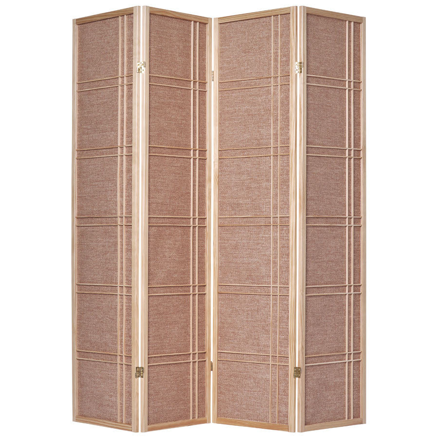 Room Divider 4 Panel Fabric In-lay Wooden Screen Natural Finish