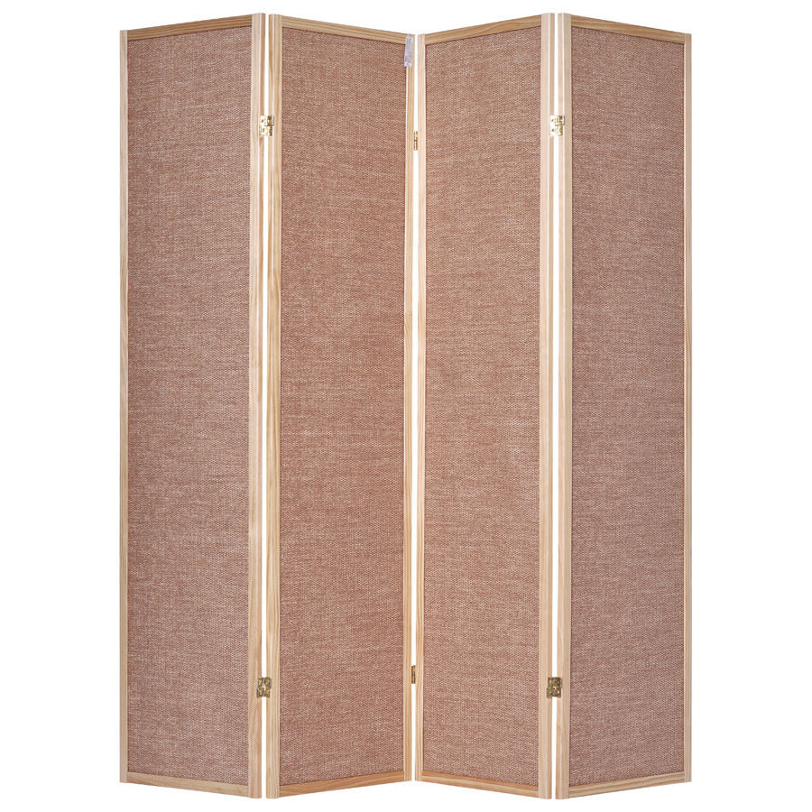 Room Divider 4 Panel Fabric In-lay Wooden Screen Natural Finish