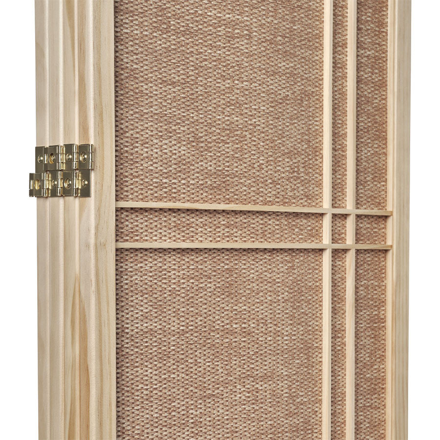 Room Divider 4 Panel Fabric In-lay Wooden Screen Natural Finish