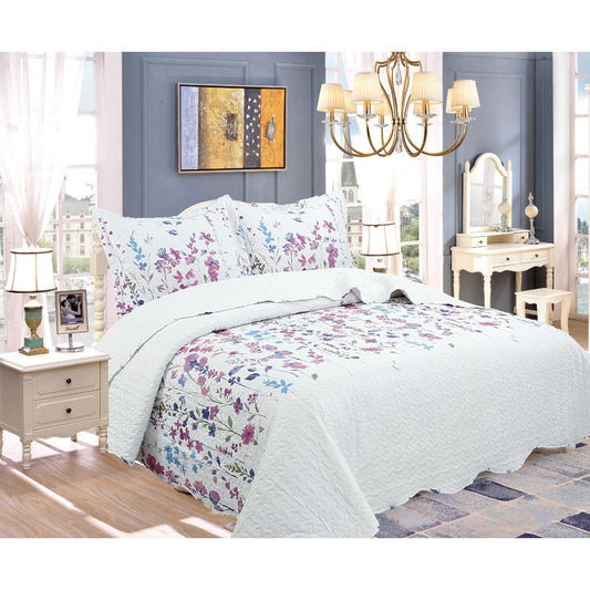 3 PCS Quilt Bedspread Coverlet White Floral Design Microfiber