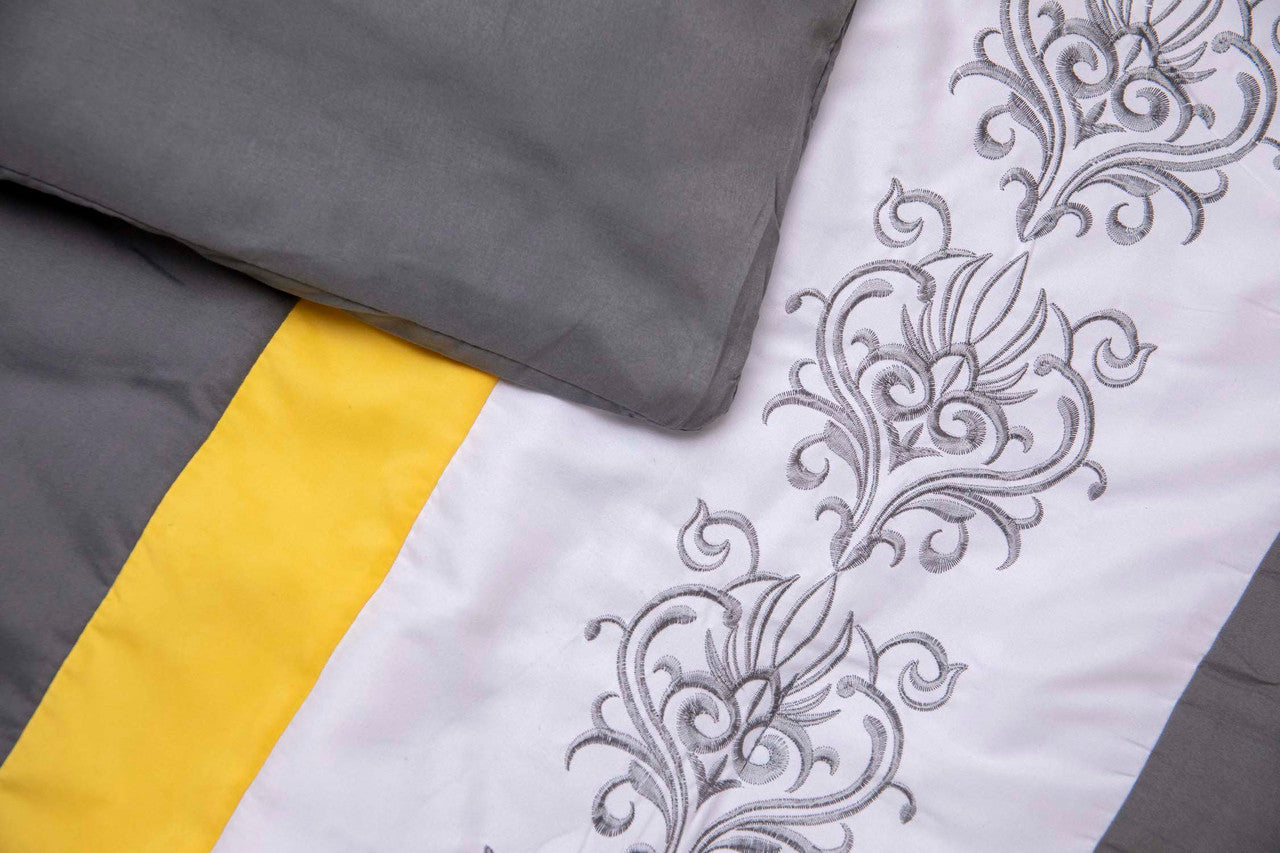 Comforter Bedding Set Grey Yellow Striped with Embroidered Design
