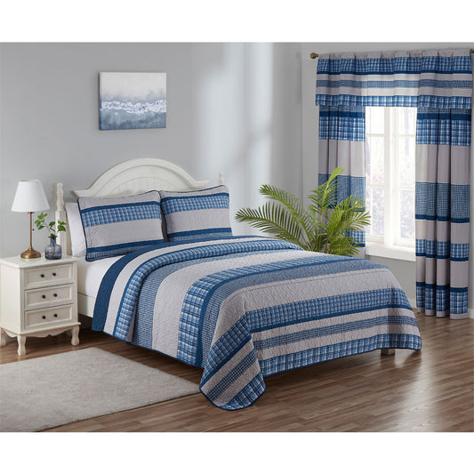 3 PCS Quilt Bedspread Coverlet Blue and White Patchwork Design Microfiber