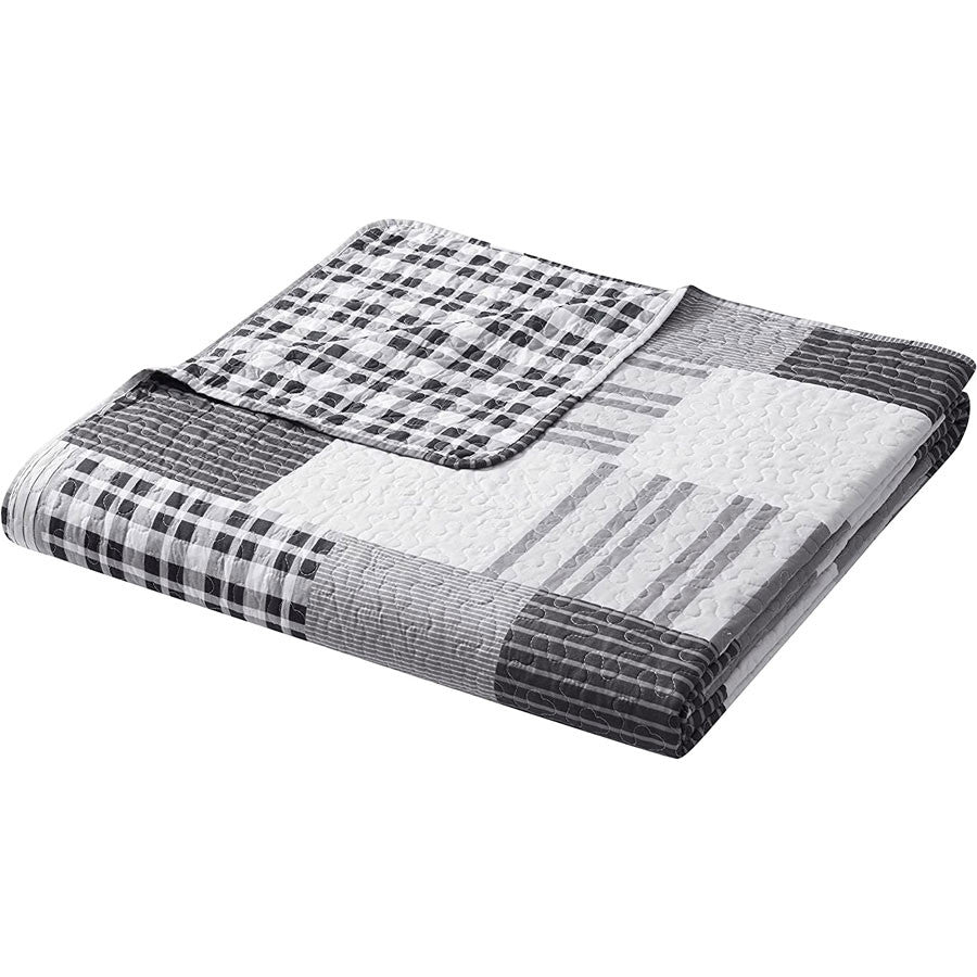 3 PCS Quilt Bedspread Coverlet Grey and White Patchwork Design