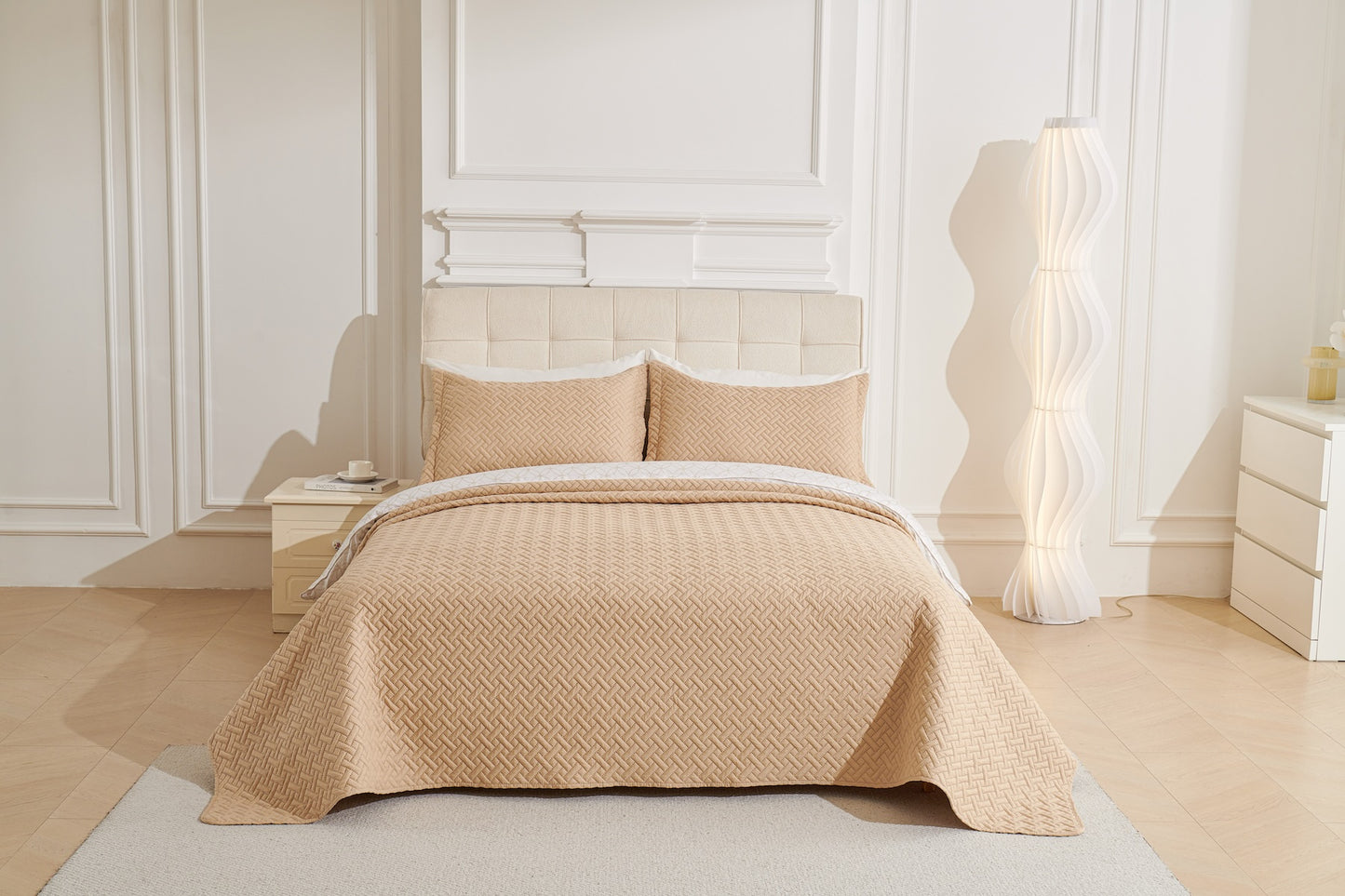 3 PC Squared Stitched Pinsonic Reversible Oversized Bedspread Beige Color