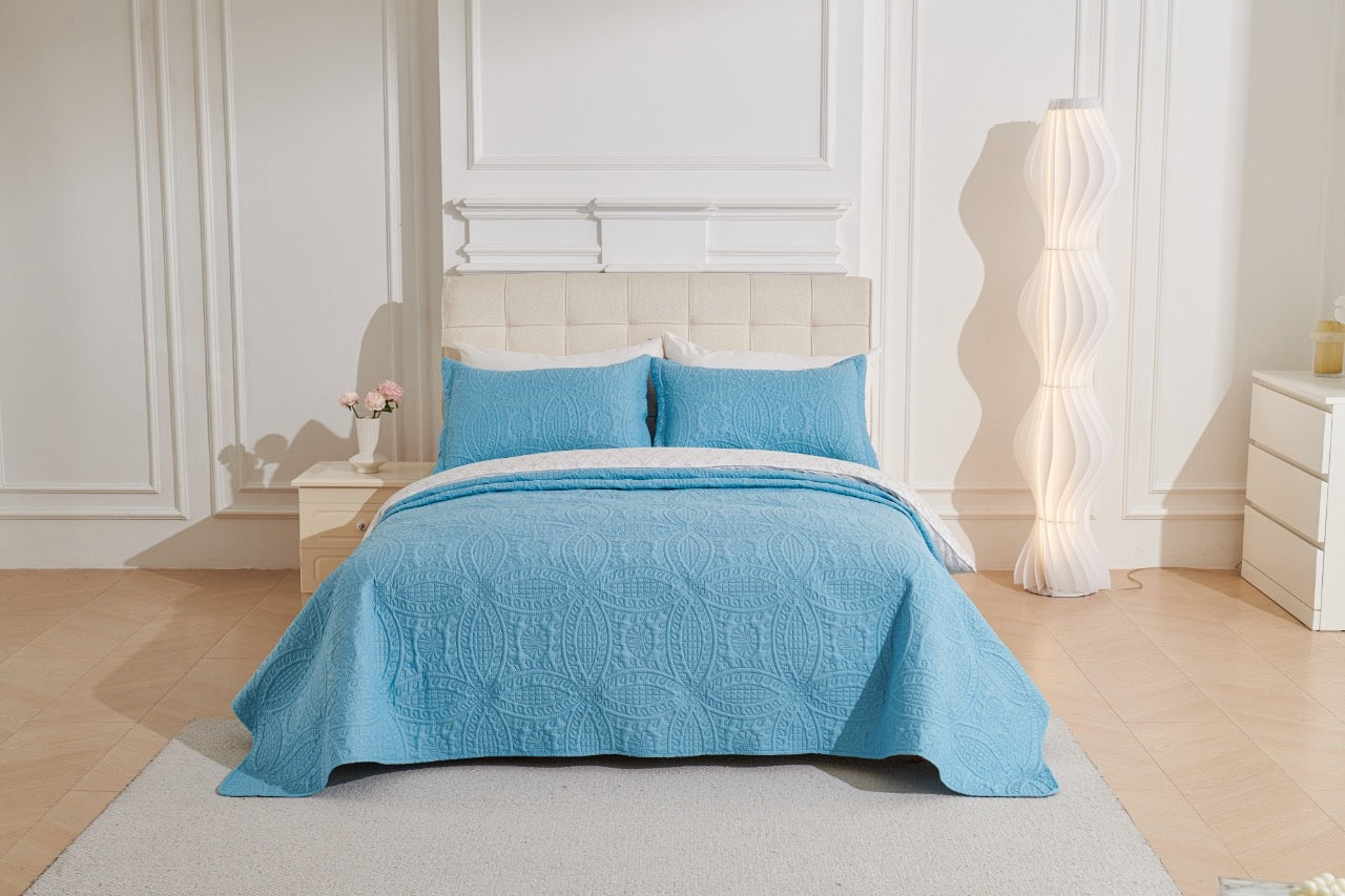3 Pc Oversized Bedspread Coverlet Set Blue Color