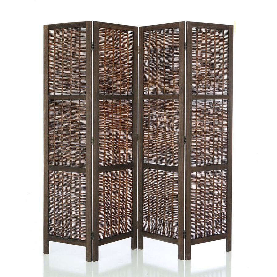 Room Divider 4 Panel Wood and Bamboo Weave Design Brown or White Color