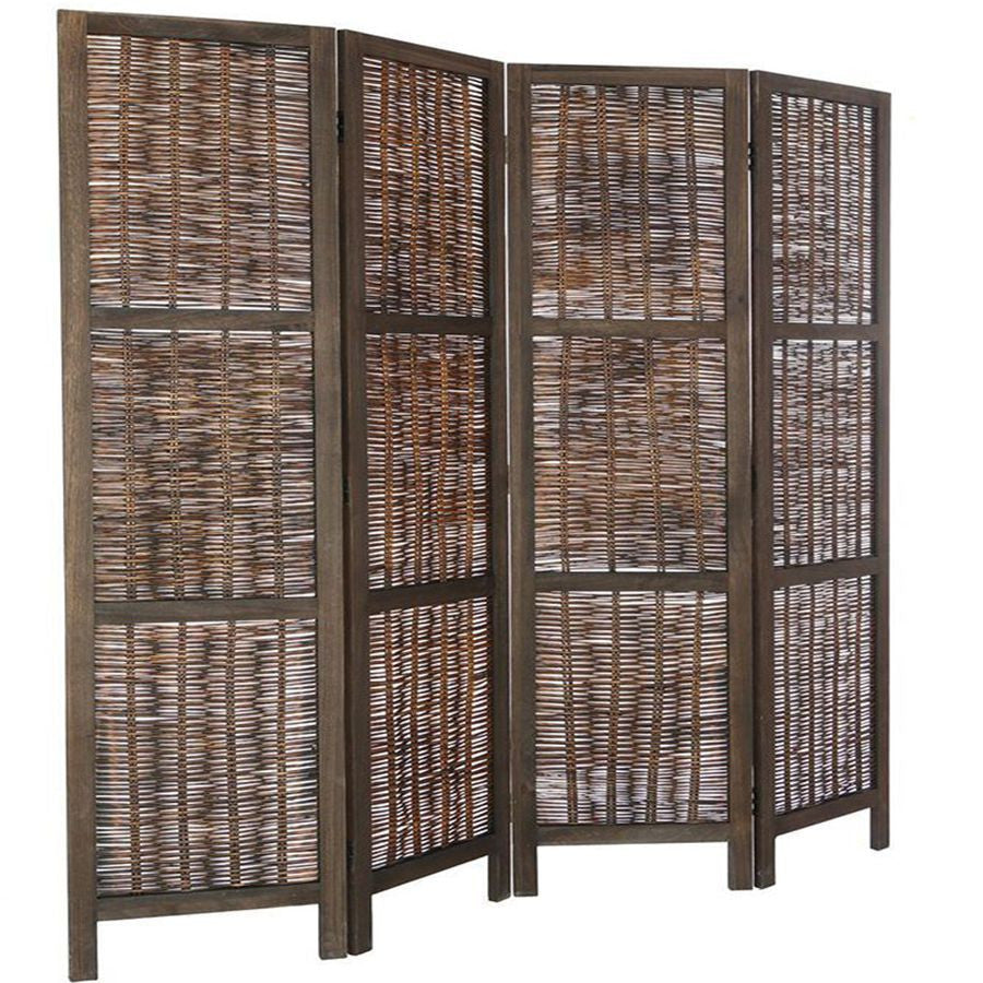 Room Divider 4 Panel Wood and Bamboo Weave Design Brown or White Color