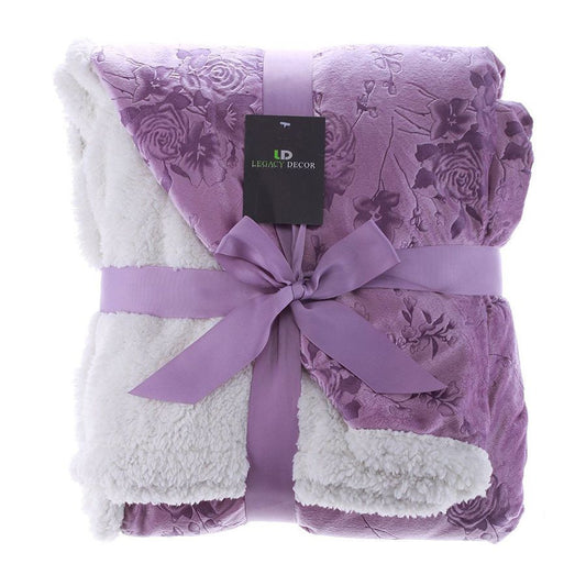 Sherpa and Micro Fur Floral Embossed Throw Blanket  6 Colors