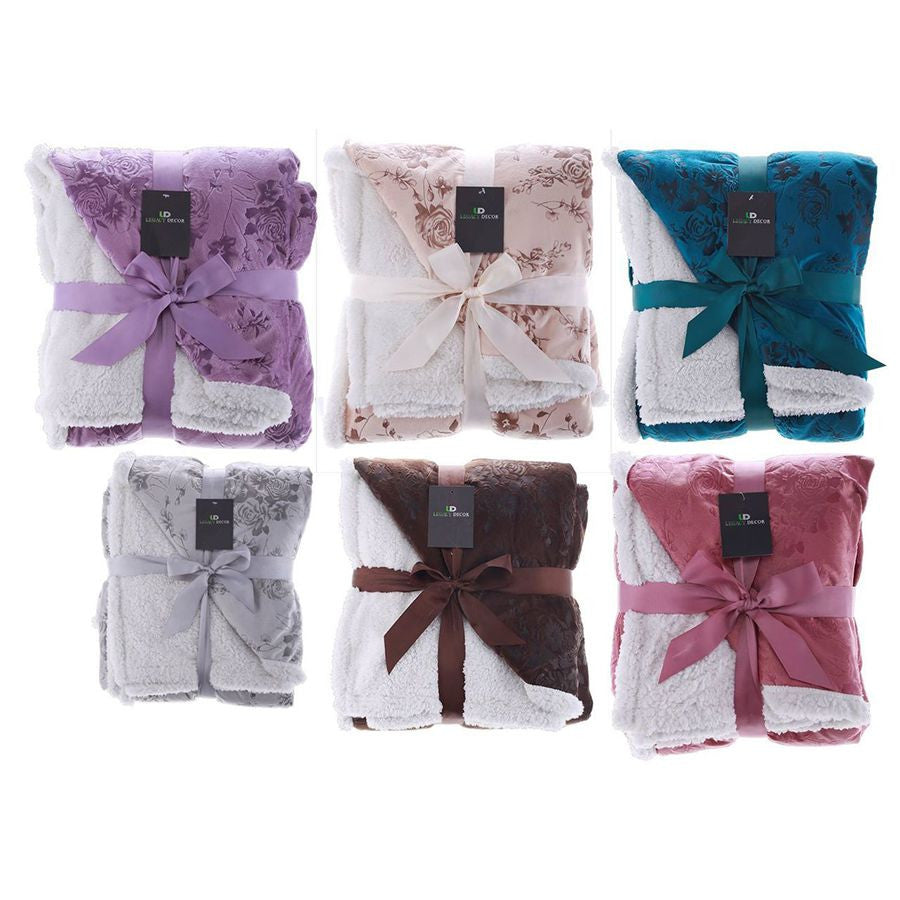 Sherpa and Micro Fur Floral Embossed Throw Blanket  6 Colors